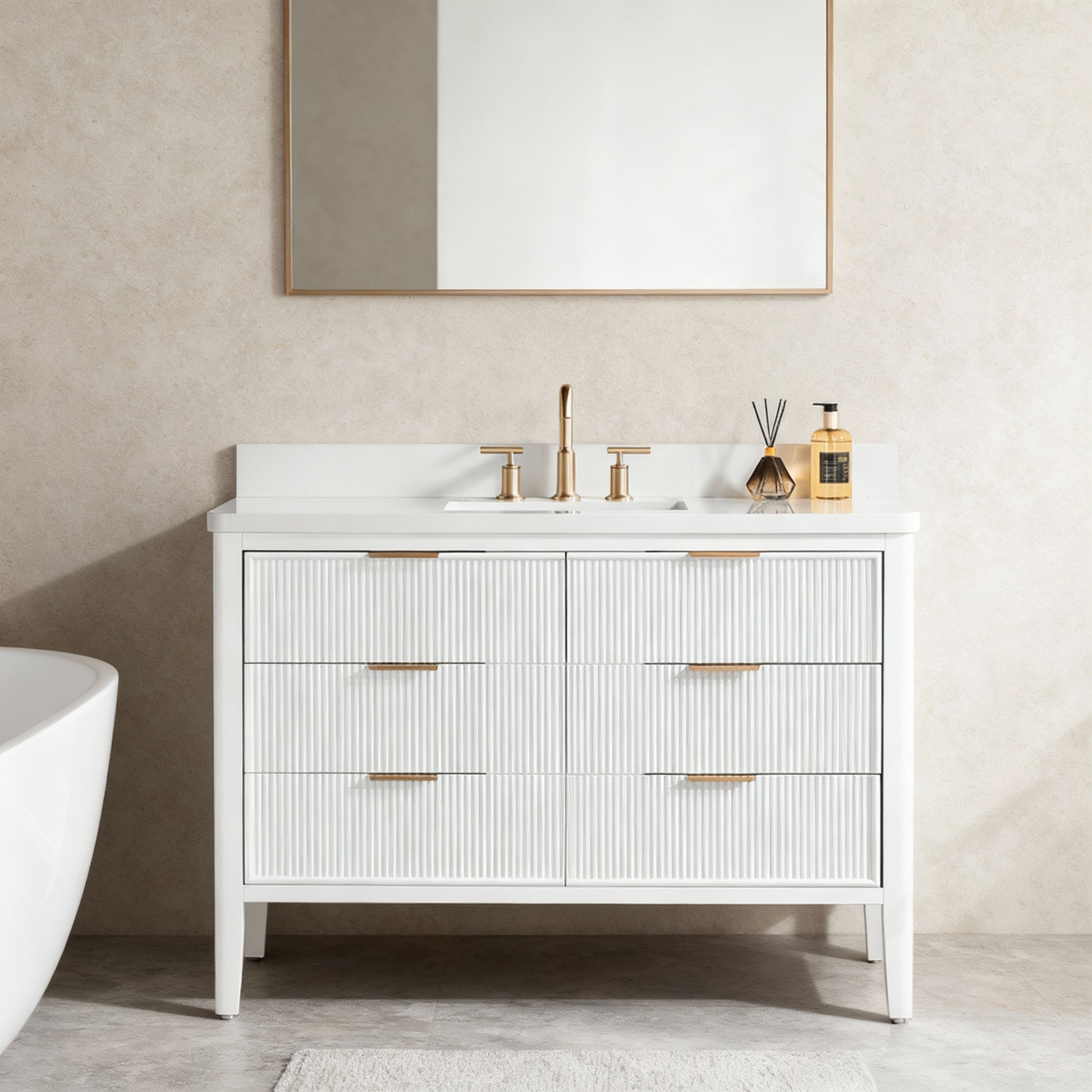 Tulip 48-in Single Sink Vanity with Engineered Carrara Top in White, Tulip13048WH, FINAL PRICE: $999.99 + TAX