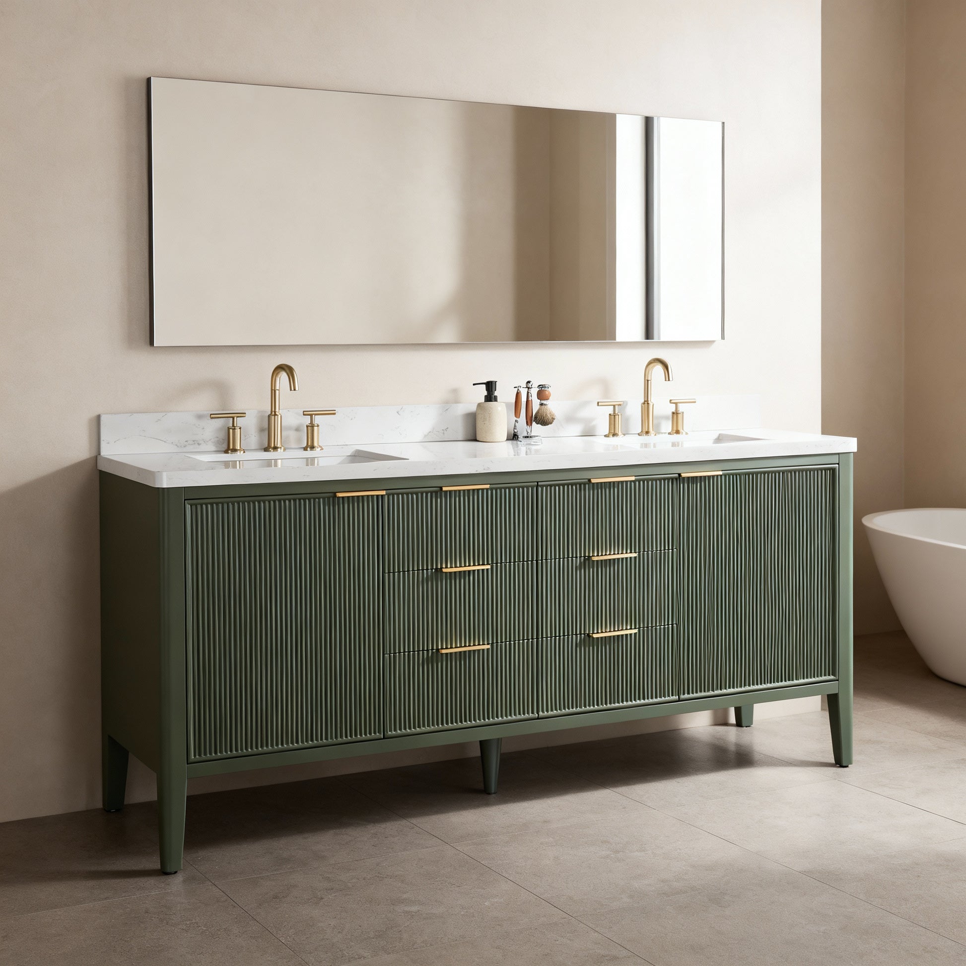 Tulip 72-in Double Sink Vanity with Engineered Carrara Top in Loden Green, Tulip13072GR [FB313], FINAL PRICE: $1,499.99 + TAX
