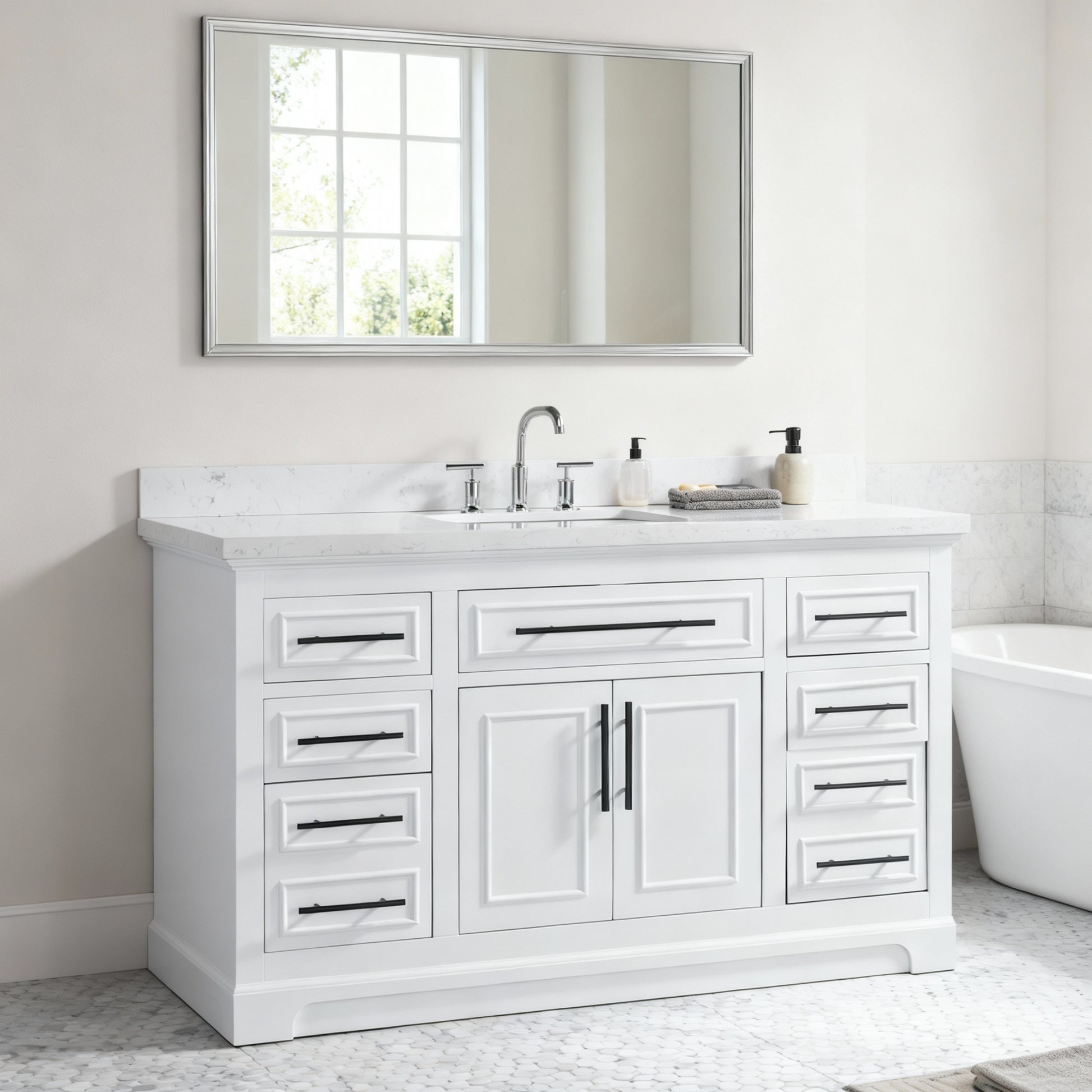 Iris 60-in Single Sink Vanity with Engineered Carrara Top in White, Iris21060SWH [FB307], FINAL PRICE: $1,199.99 + TAX