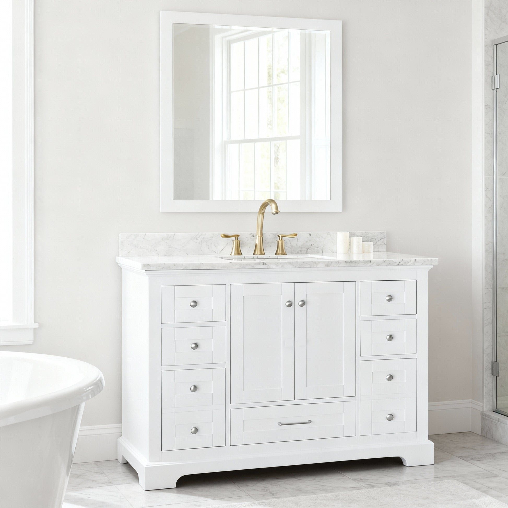Rose 48-in Single Sink Vanity with Engineered Carrara Top in White, ROSE5048WH [FB332], FINAL PRICE: $949.99 + TAX