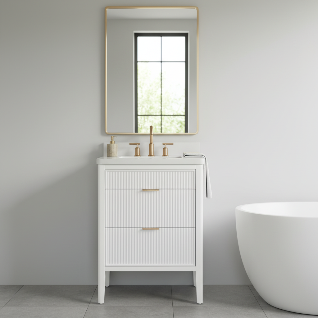 Tulip 24-in Single Sink Vanity with Engineered Carrara Top in White, Tulip13024WH [FB327], Retail: $859.00, FINAL PRICE: $599.99 + TAX
