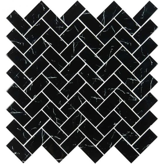 **PER PC** Nero Marquina Glass Herringbone 12x12 Mosaic, Retail: $12.71/pc, 9.5 sf/bx, 10 pcs/bx, 35 lbs/bx,  FINAL PRICE: $6.99/pc, $69.90/ Box + TAX