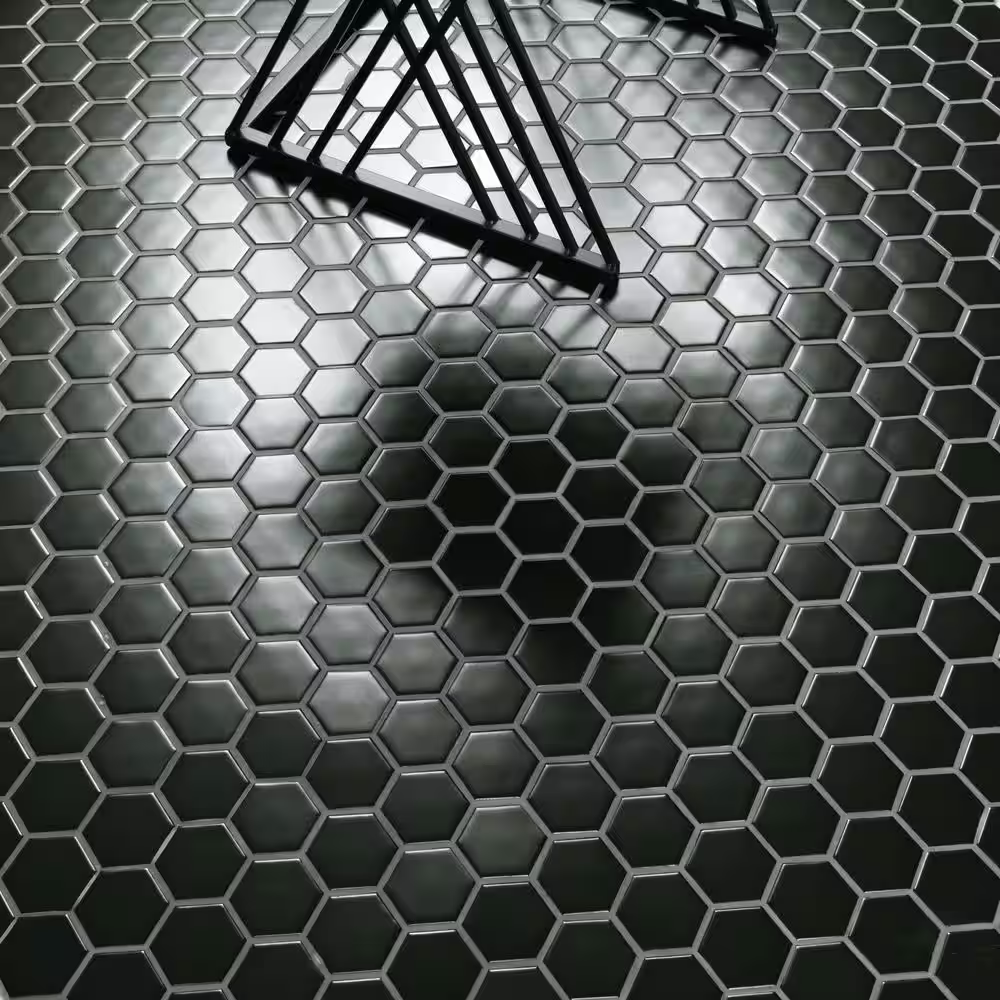 Retro Nero 2 in. Hexagon Tile 11x12 Matte Porcelain Mesh-Mounted Mosaic, SMOT-PT-RETNERO-2HEXM, 14.4sf, 15 pcs, 38 lbs, FINAL PRICE: $3.99/pc, $59.85/box + Tax