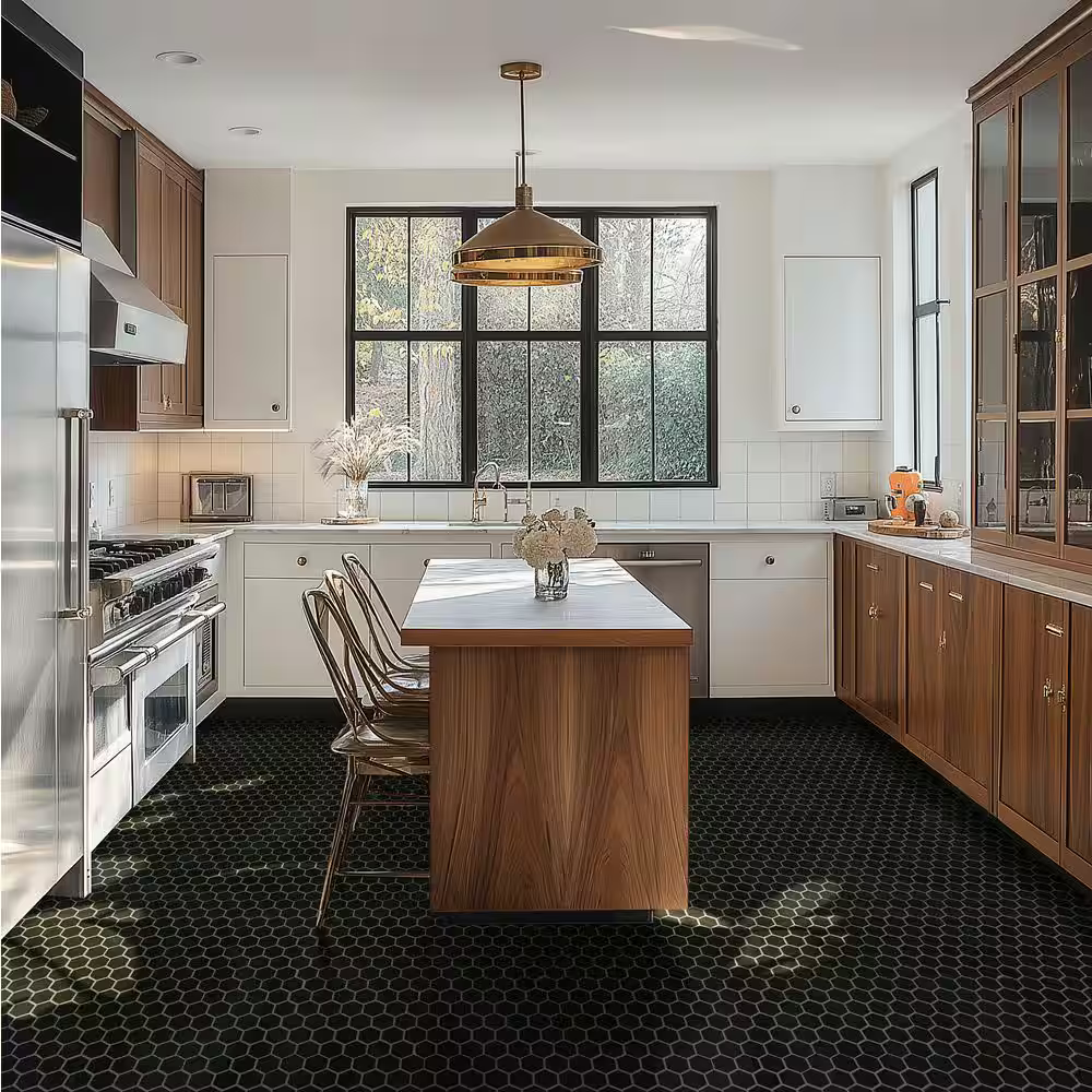 Retro Nero 2 in. Hexagon Tile 11x12 Matte Porcelain Mesh-Mounted Mosaic, SMOT-PT-RETNERO-2HEXM, 14.4sf, 15 pcs, 38 lbs, FINAL PRICE: $3.99/pc, $59.85/box + Tax