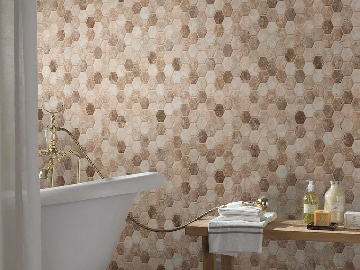 Sandhills 2-in Hexagon 12x12 Glass Mesh-Mounted Mosaic, GLS-SAND6MM, 14.7sf, 15 pcs, 45 lbs, FINAL PRICE: $6.99/pc, $102.26/box + Tax