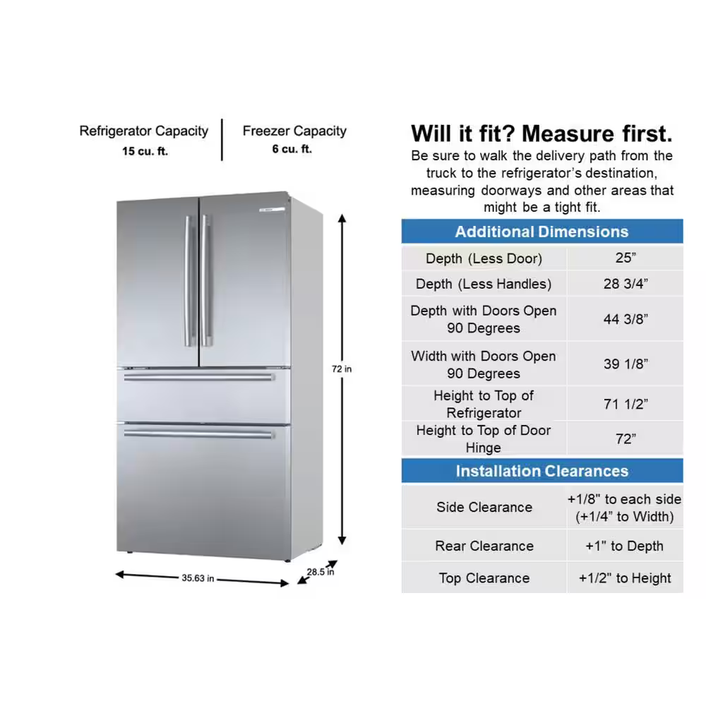 Bosch Counter-Depth 800 Series 21-cu ft 4-Door French Door Refrigerator with Ice Maker (Stainless Steel), B36CL80SNS/44 *JR2509, Retail: $3,999.00, FINAL PRICE: $1,899.99 + TAX