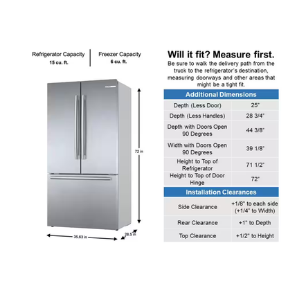 BOSCH 800 Series 36 in. 21 cu ft Smart Counter Depth French Door Bottom Freezer Refrigerator in Stainless Steel w/ Ice & Water, [FB187]