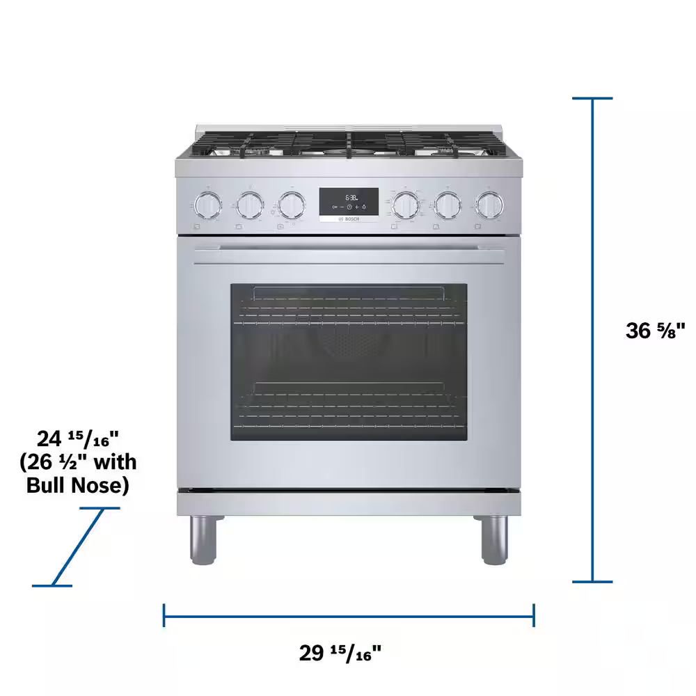 Bosch 800 Series Industrial Style 30-in 5 burners 3.9-cu Convection Oven Freestanding Dual Fuel Range (Stainless Steel), HDS8055U *JR2510, Retail: $4,399.00, FINAL PRICE: $2,799.99 + TAX