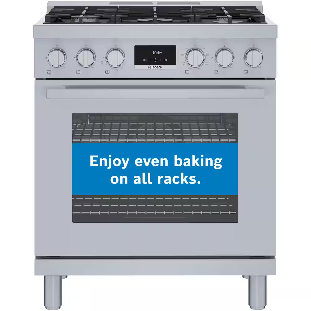 Bosch 800 Series Industrial Style 30-in 5 burners 3.9-cu Convection Oven Freestanding Dual Fuel Range (Stainless Steel), HDS8055U *JR2510, Retail: $4,399.00, FINAL PRICE: $2,799.99 + TAX