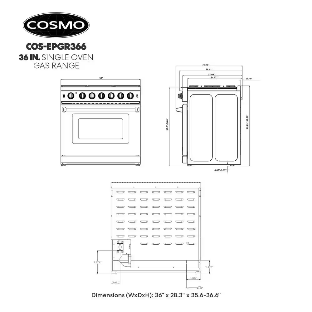 Cosmo Epgr366 36-in 6 burners 6.0-cu ft Convection Oven Freestanding Natural Gas Range (Stainless Steel), COS-EPGR366 *JR2510, Retail: $3,499.99, FINAL PRICE: $1,999.99 + TAX