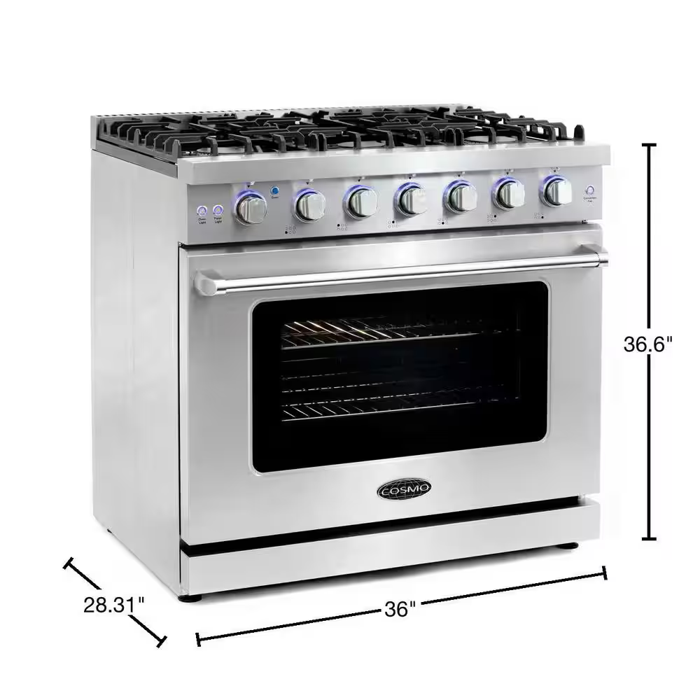 Cosmo Epgr366 36-in 6 burners 6.0-cu ft Convection Oven Freestanding Natural Gas Range (Stainless Steel), COS-EPGR366 *JR2510, Retail: $3,499.99, FINAL PRICE: $1,999.99 + TAX