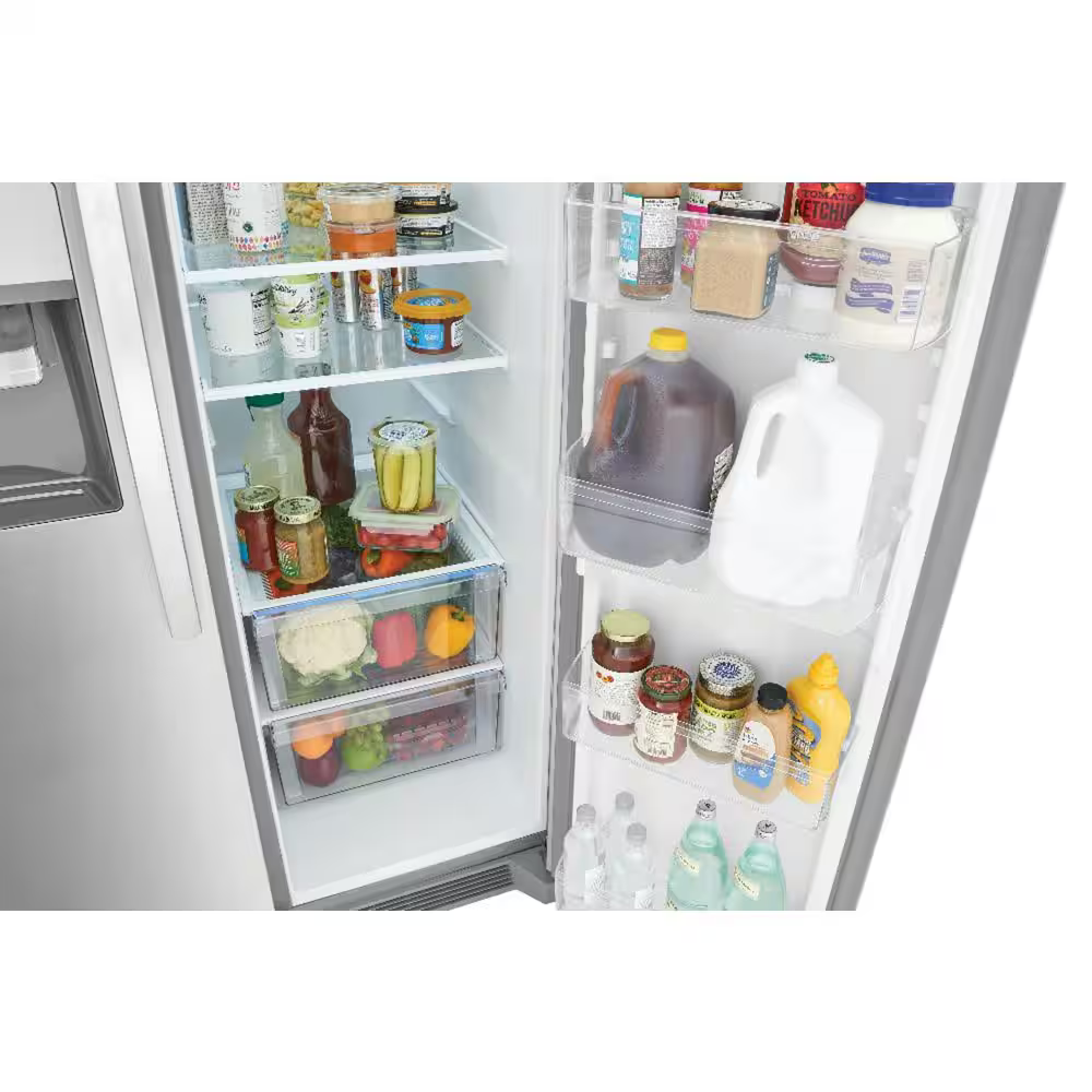 Frigidaire 25.6-cu ft Standard-Depth 36-in Side-by-Side Refrigerator with Ice Maker + Water and Ice Dispenser (Fingerprint Resistant Stainless Steel), FRSS26L3AF/D *JR2510, Retail: $1,399.00, FINAL PRICE: $749.99 + TAX