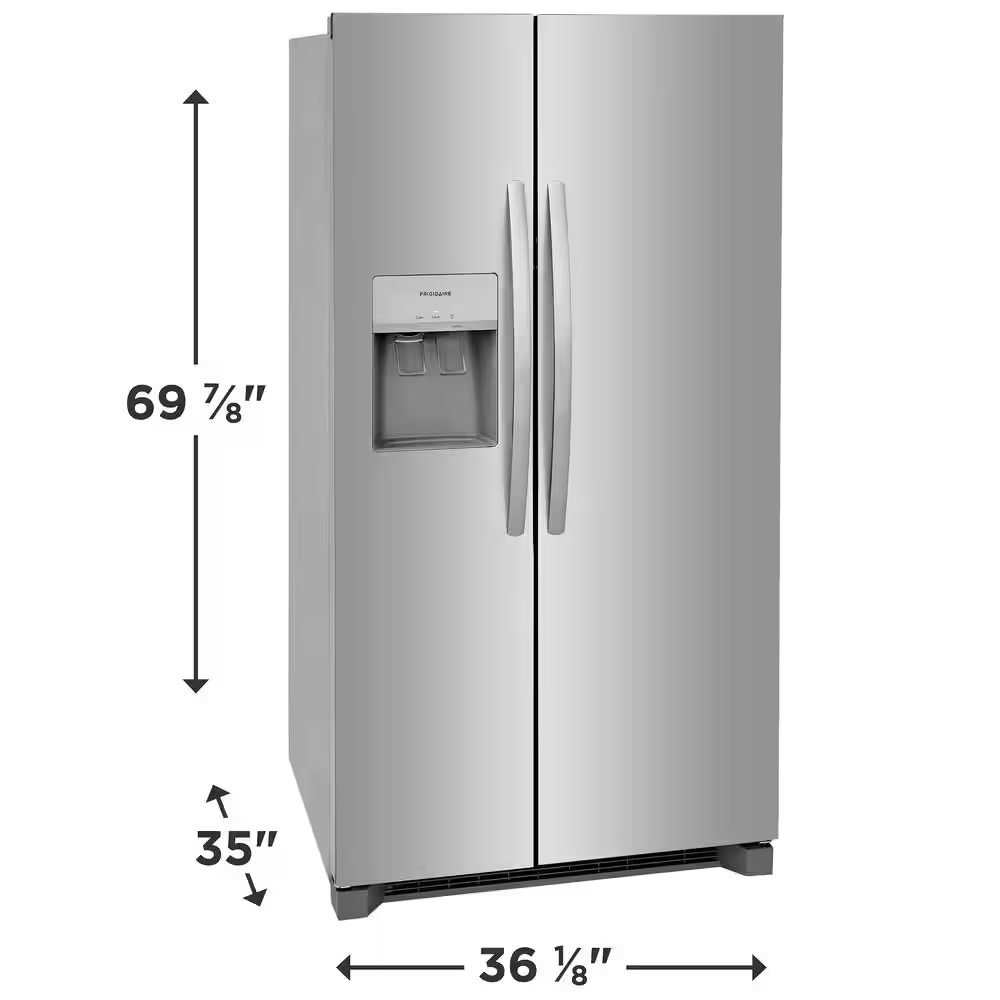Frigidaire 25.6-cu ft Standard-Depth 36-in Side-by-Side Refrigerator with Ice Maker + Water and Ice Dispenser (Fingerprint Resistant Stainless Steel), FRSS26L3AF/D *JR2510, Retail: $1,399.00, FINAL PRICE: $749.99 + TAX
