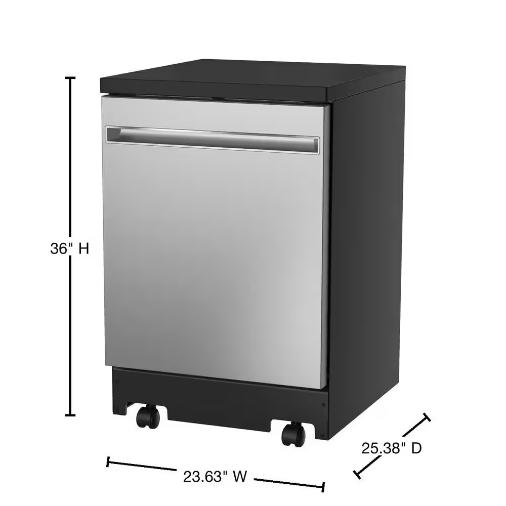 GE 24 in. Top Control Portable Stainless Steel Dishwasher with Stainless Steel Interior Sanitize 54-dBA, GPT225SSLSS, Portable on Wheels (check height)