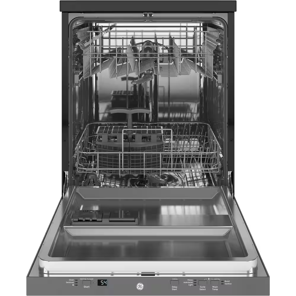 GE 24 in. Top Control Portable Stainless Steel Dishwasher with Stainless Steel Interior Sanitize 54-dBA, GPT225SSLSS, Portable on Wheels (check height)