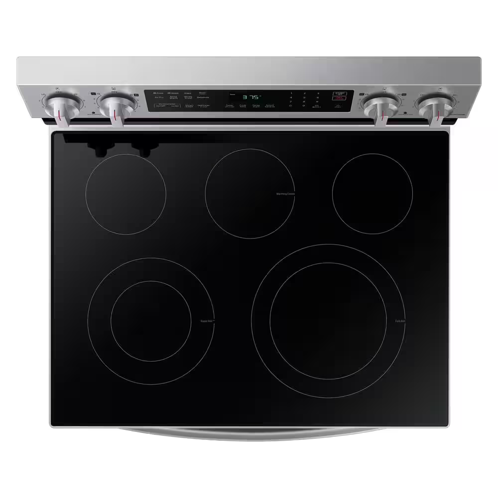 Samsung 30-in Glass Top 5 burners 6.3-cu ft Air Fry Convection Oven Freestanding Electric Range (Fingerprint Resistant Stainless Steel), NE63A6511SS, MSRP: $1,099.00, FINAL PRICE: $569.99 + TAX
