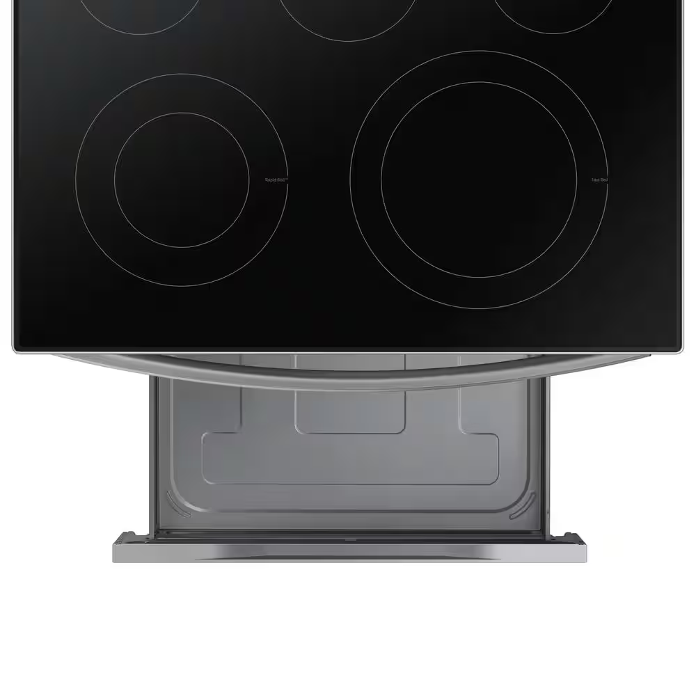 Samsung 30-in Glass Top 5 burners 6.3-cu ft Air Fry Convection Oven Freestanding Electric Range (Fingerprint Resistant Stainless Steel), NE63A6511SS, MSRP: $1,099.00, FINAL PRICE: $569.99 + TAX