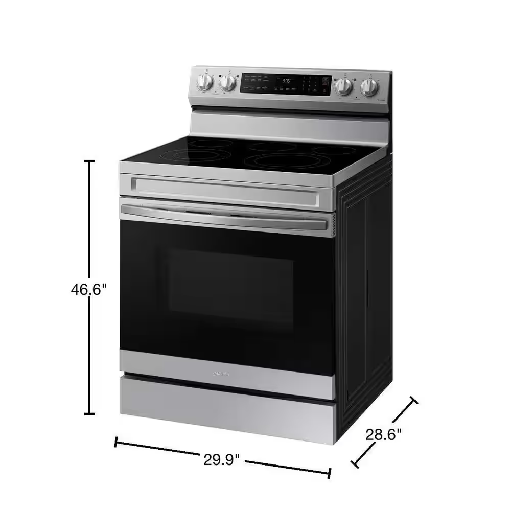 Samsung 30-in Glass Top 5 burners 6.3-cu ft Air Fry Convection Oven Freestanding Electric Range (Fingerprint Resistant Stainless Steel), NE63A6511SS, MSRP: $1,099.00, FINAL PRICE: $569.99 + TAX