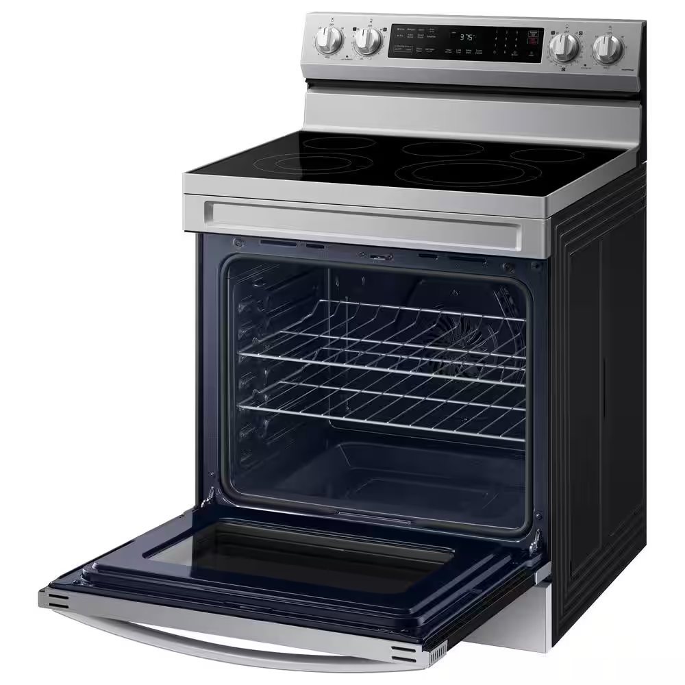 Samsung 30-in Glass Top 5 burners 6.3-cu ft Air Fry Convection Oven Freestanding Electric Range (Fingerprint Resistant Stainless Steel), NE63A6511SS, MSRP: $1,099.00, FINAL PRICE: $569.99 + TAX