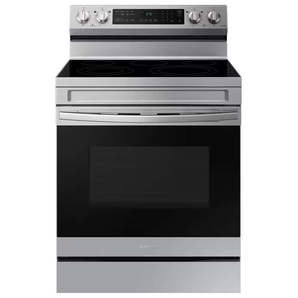Samsung 30-in Glass Top 5 burners 6.3-cu ft Air Fry Convection Oven Freestanding Electric Range (Fingerprint Resistant Stainless Steel), NE63A6511SS, MSRP: $1,099.00, FINAL PRICE: $569.99 + TAX