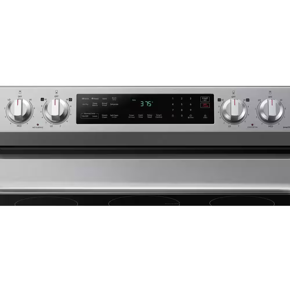 Samsung 30-in Glass Top 5 burners 6.3-cu ft Air Fry Convection Oven Freestanding Electric Range (Fingerprint Resistant Stainless Steel), NE63A6511SS, MSRP: $1,099.00, FINAL PRICE: $569.99 + TAX