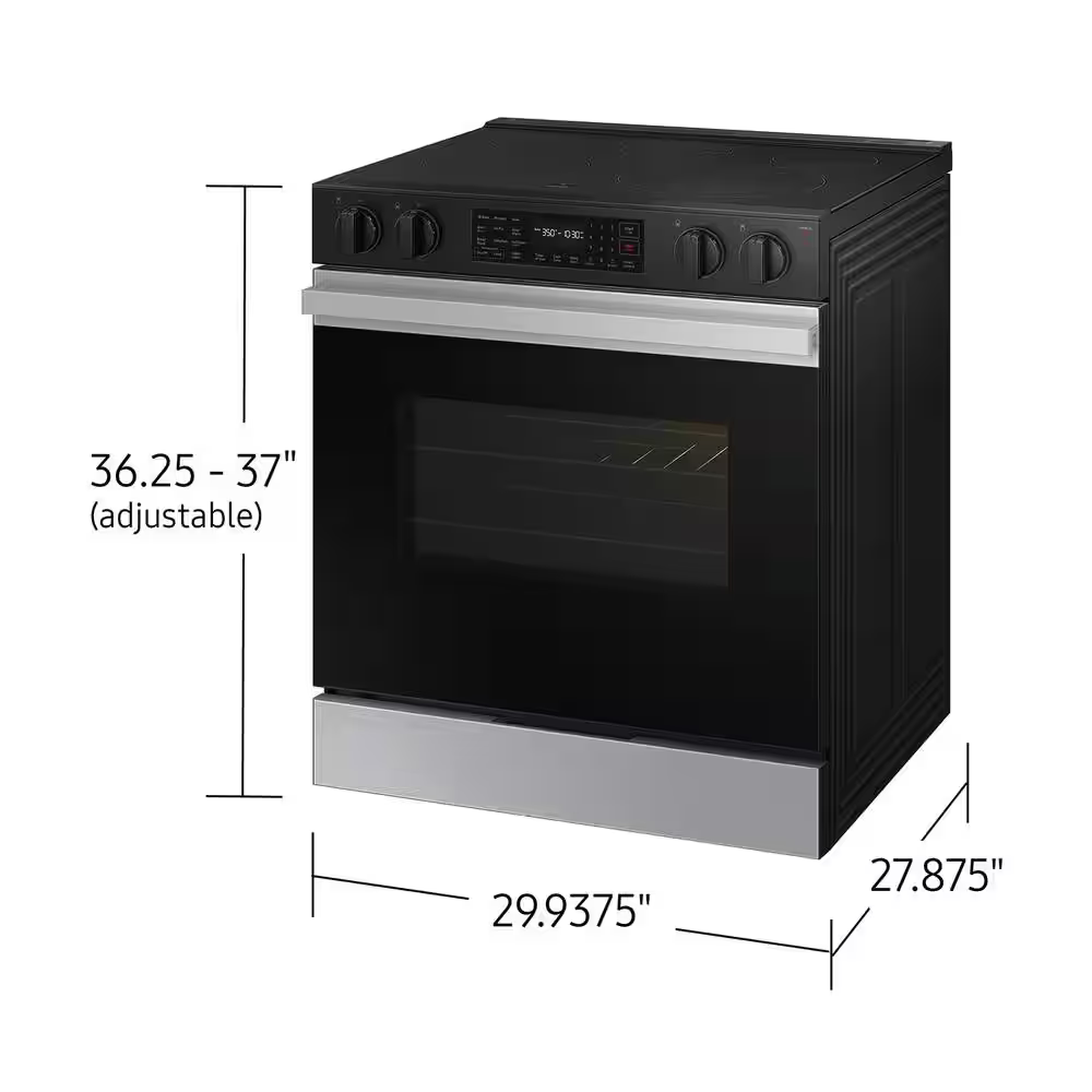 Samsung Bespoke 30-in Glass Top 5 burners 6.3-cu ft Air Fry Convection Oven Slide-In Electric Range (Stainless Steel), NSE6DG8300SR *BG, MSRP: $1,599.00, FINAL PRICE: $799.99 + TAX
