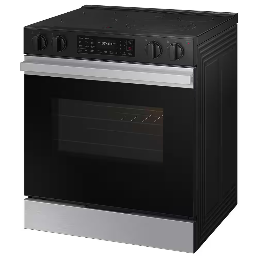 Samsung Bespoke 30-in Glass Top 5 burners 6.3-cu ft Air Fry Convection Oven Slide-In Electric Range (Stainless Steel), NSE6DG8300SR *BG, MSRP: $1,599.00, FINAL PRICE: $799.99 + TAX