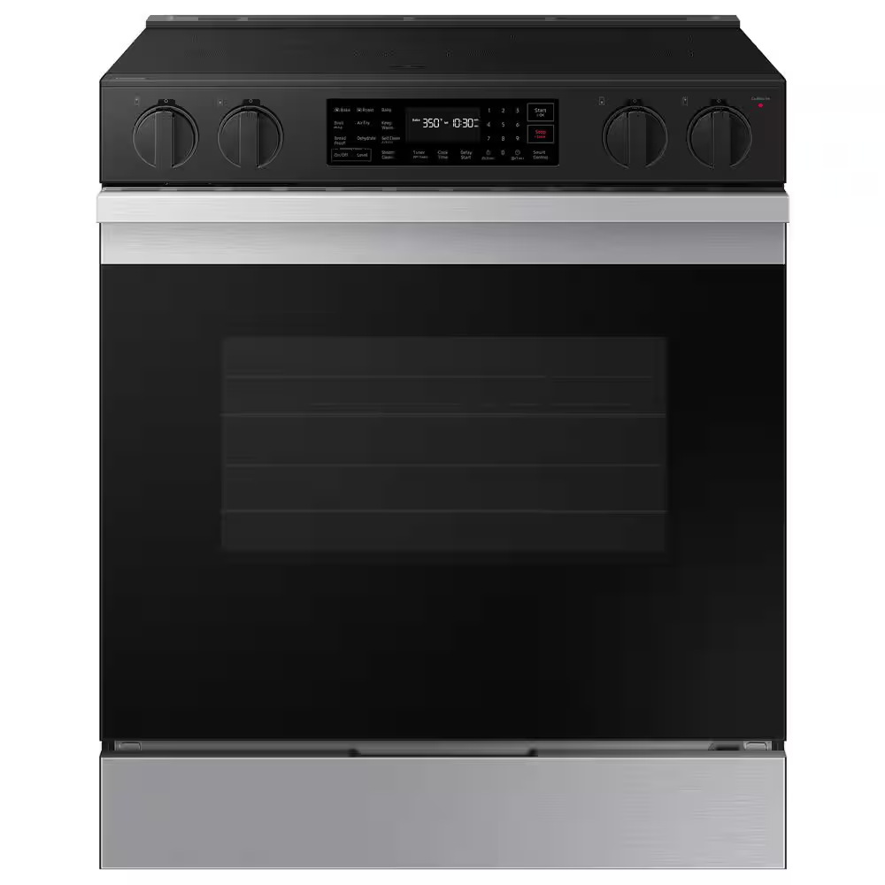 Samsung Bespoke 30-in Glass Top 5 burners 6.3-cu ft Air Fry Convection Oven Slide-In Electric Range (Stainless Steel), NSE6DG8300SR *BG, MSRP: $1,599.00, FINAL PRICE: $799.99 + TAX