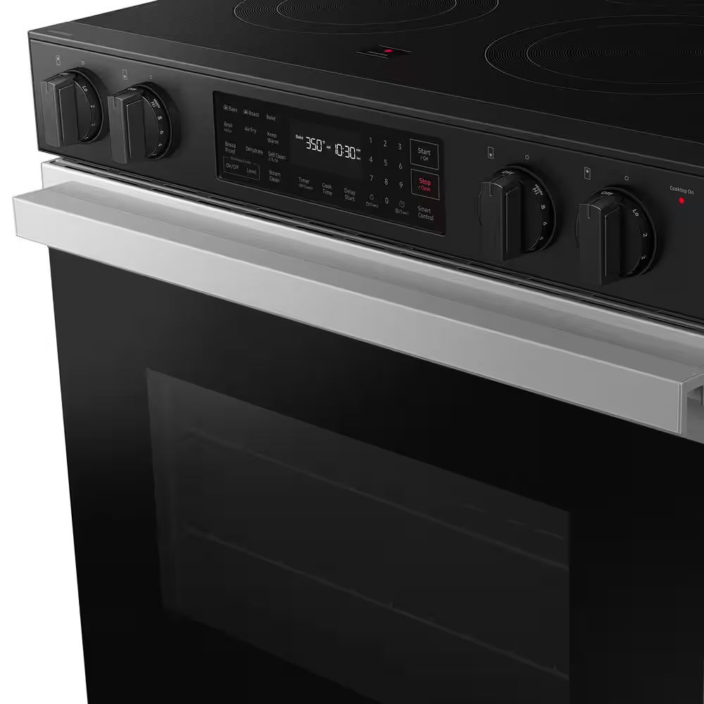 Samsung Bespoke 30-in Glass Top 5 burners 6.3-cu ft Air Fry Convection Oven Slide-In Electric Range (Stainless Steel), NSE6DG8300SR *BG, MSRP: $1,599.00, FINAL PRICE: $799.99 + TAX
