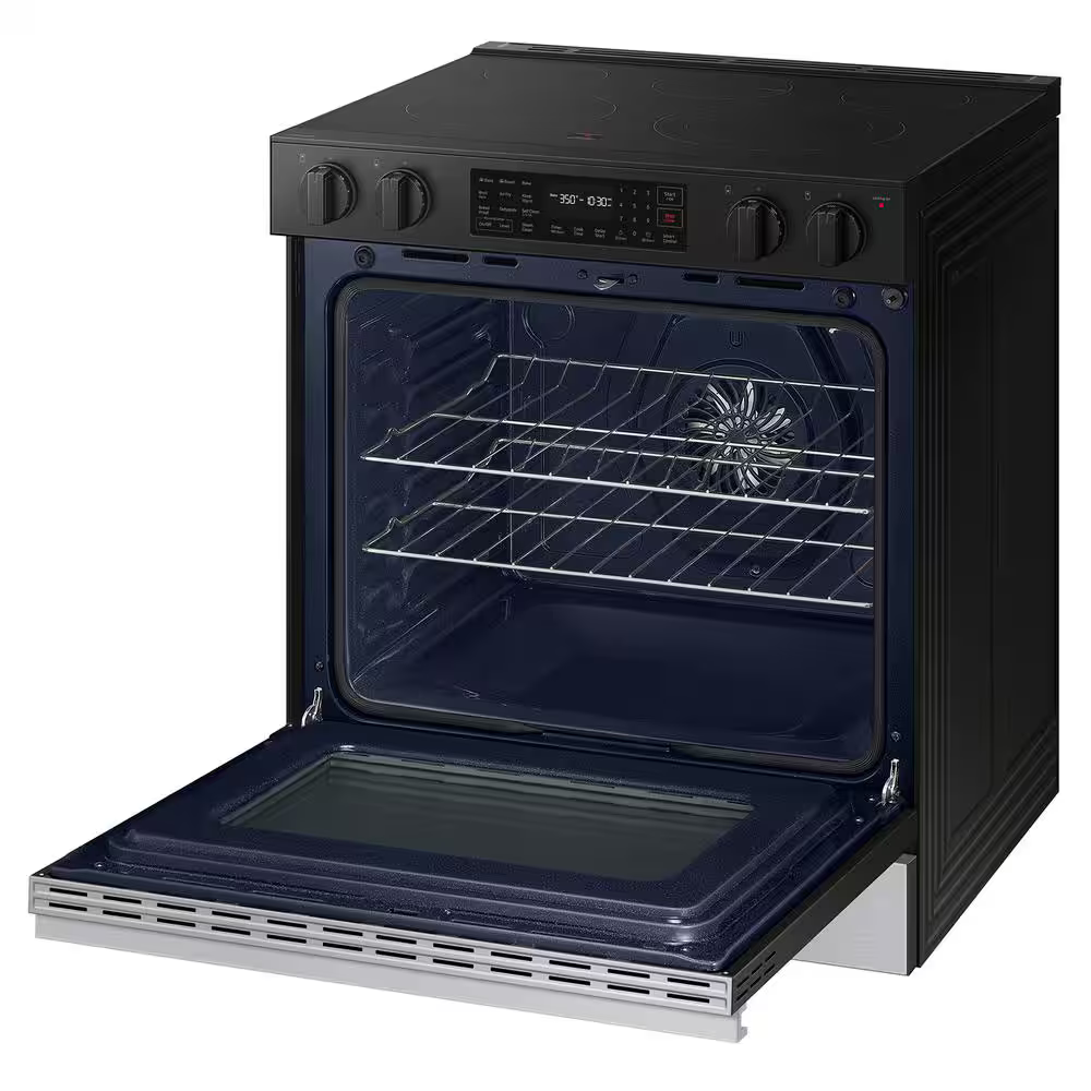 Samsung Bespoke 30-in Glass Top 5 burners 6.3-cu ft Air Fry Convection Oven Slide-In Electric Range (Stainless Steel), NSE6DG8300SR *BG, MSRP: $1,599.00, FINAL PRICE: $799.99 + TAX