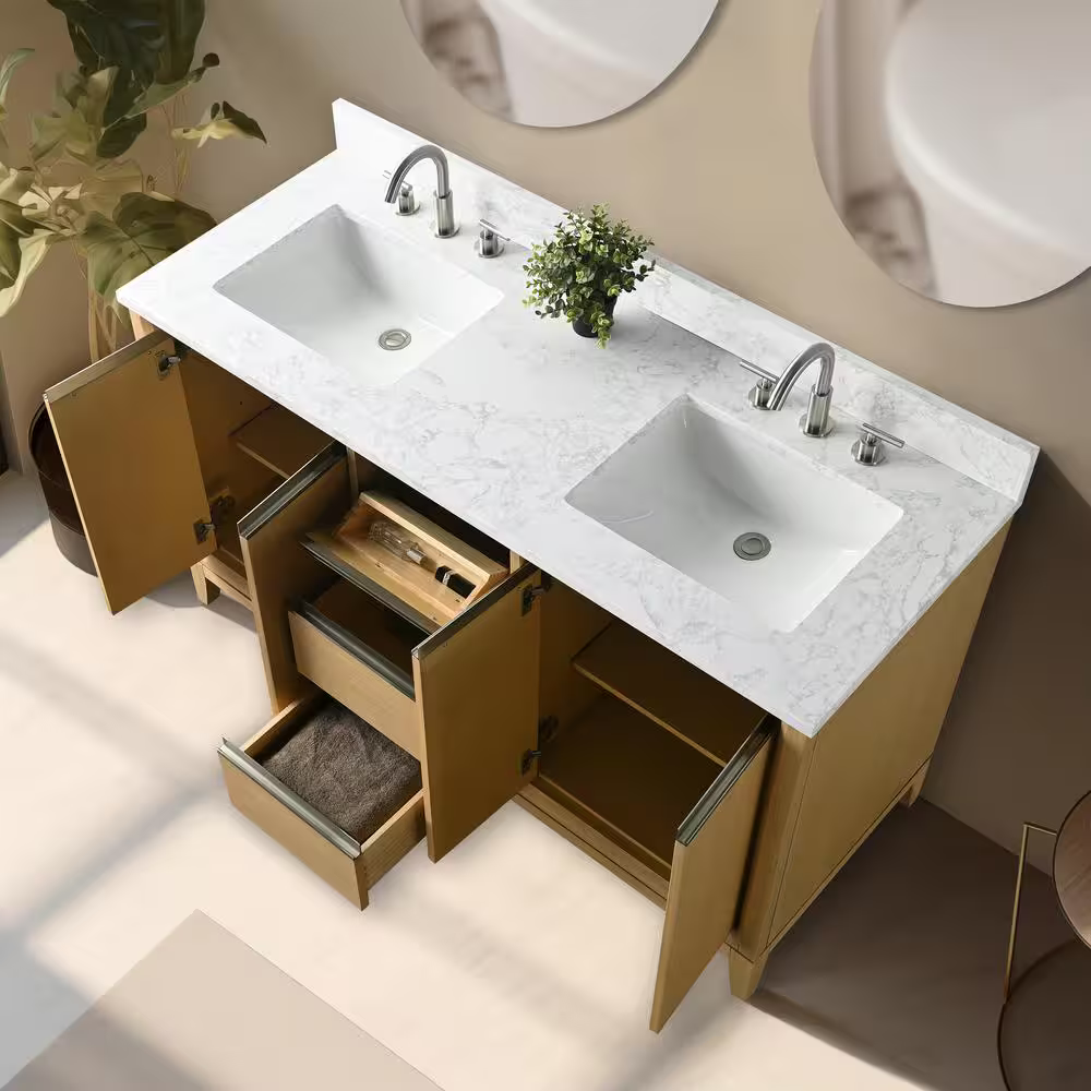 Vera Accent 60-in Double Sink Bathroom Vanity in Natural Oak with Engineered Marble Top, VA8060-DNO, CVH60D-NO, Retail: $1,402.00, FINAL PRICE: $999.99+ Tax