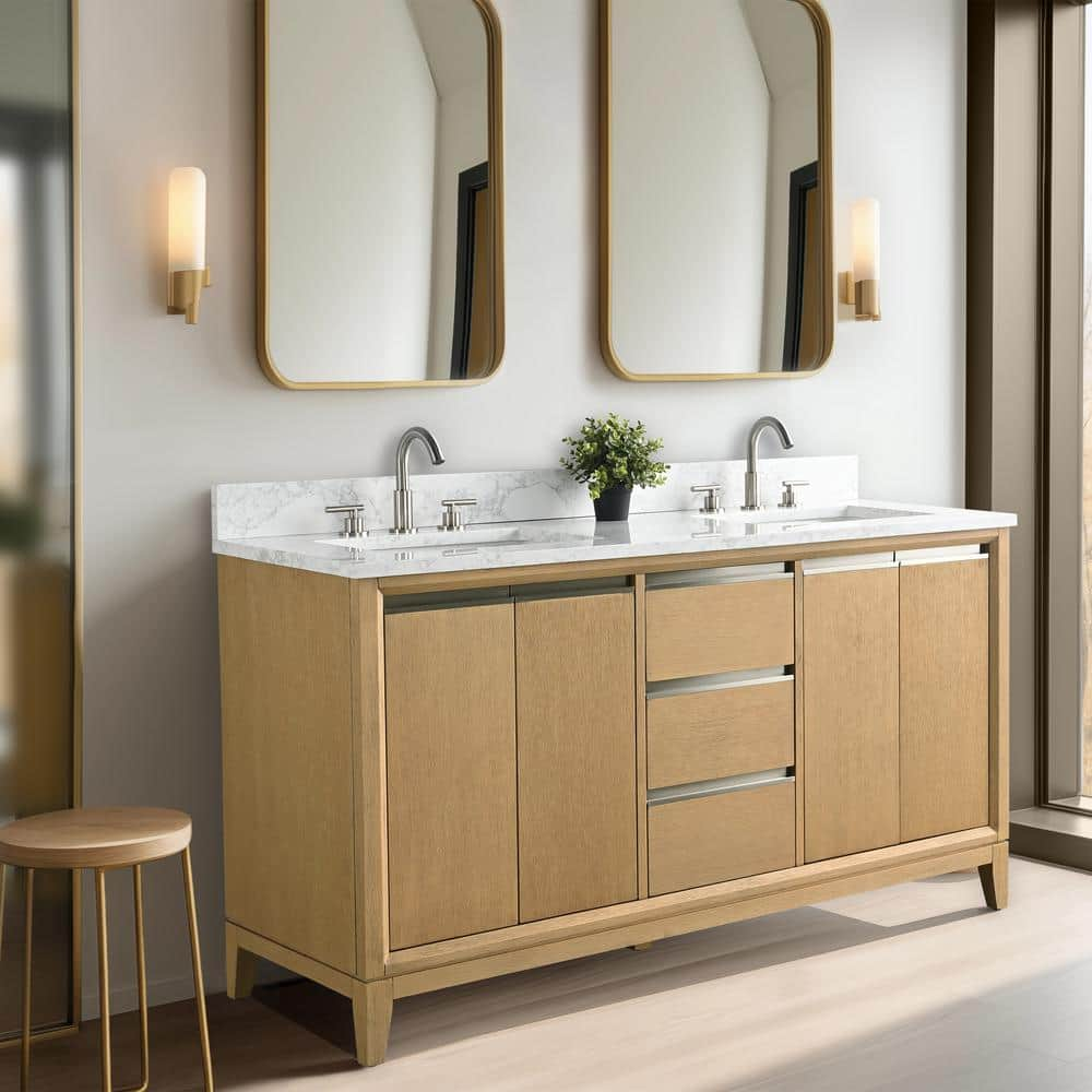 Vera Accent 60-in Double Sink Bathroom Vanity in Natural Oak with Engineered Marble Top, VA8060-DNO, CVH60D-NO, Retail: $1,402.00, FINAL PRICE: $999.99+ Tax