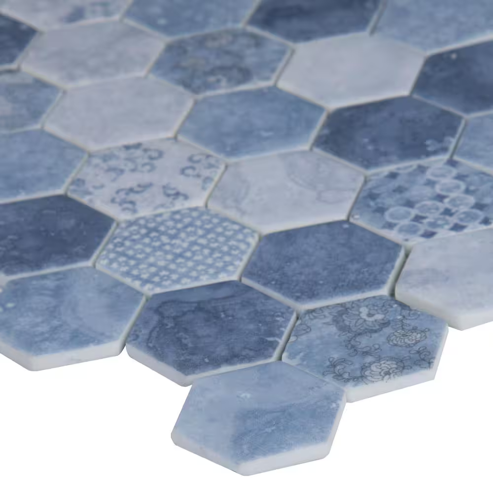 Vista Azul Hexagon 11x13 Patterned Glass Mesh-Mounted Mosaic, SMOT-GLS-VISAZU6MM, 14.7sf, 15 pcs, 45 lbs, FINAL PRICE: $6.99/pc, $104.85/box + Tax