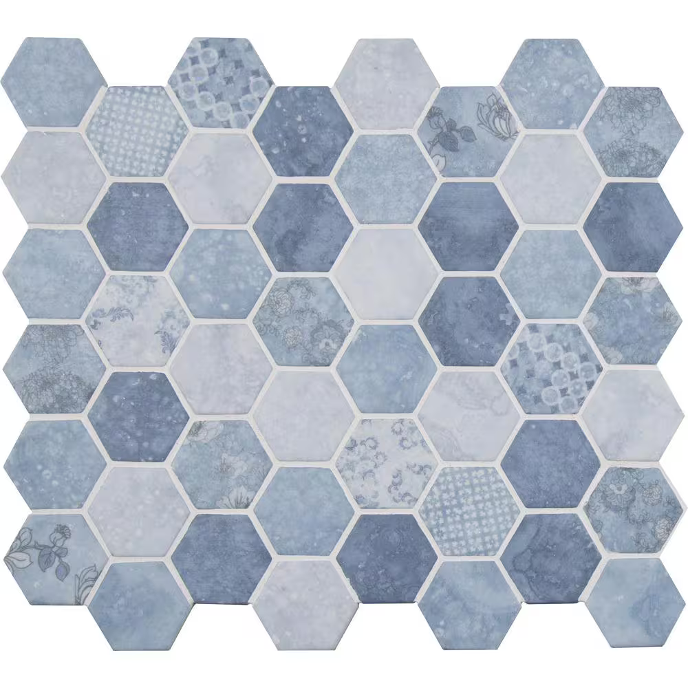 Vista Azul Hexagon 11x13 Patterned Glass Mesh-Mounted Mosaic, SMOT-GLS-VISAZU6MM, 14.7sf, 15 pcs, 45 lbs, FINAL PRICE: $6.99/pc, $104.85/box + Tax