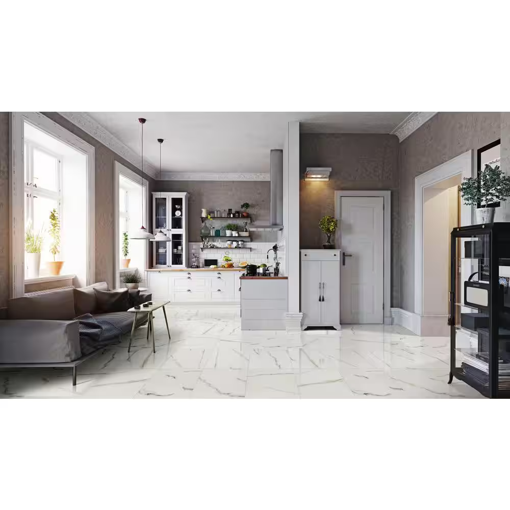 White Calacatta Bianco 24x24 Polished Porcelain Marble Look Floor and Wall Tile, 9.39mm, 4pcs, 70 lbs, 16sf, Retail: $1.96/sf, FINAL PRICE: $0.99/sf, $15.84 + Tax
