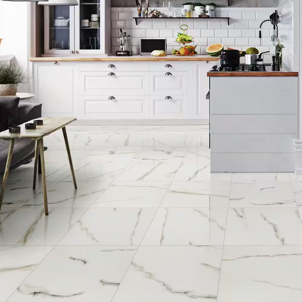 White Calacatta Bianco 24x24 Polished Porcelain Marble Look Floor and Wall Tile, 9.39mm, 4pcs, 70 lbs, 16sf, Retail: $1.96/sf, FINAL PRICE: $0.99/sf, $15.84 + Tax
