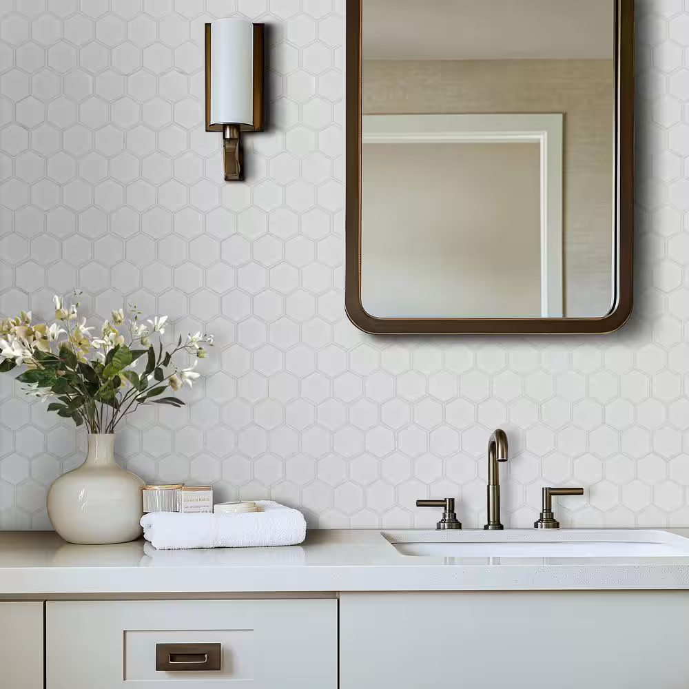 **PER PCS** White 2 in. Hexagon 10.6 x 11 Matte Porcelain Mesh-Mounted Mosaic, NHDWHI2X2HEXC, 6.35mm, 16pcs, 29.28 lbs, 12.96sf, Retail: $3.61/pc, FINAL PRICE: $1.99/pc + Tax