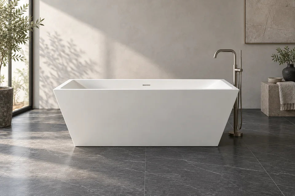 Angular white freestanding bathtub on a charcoal stone floor