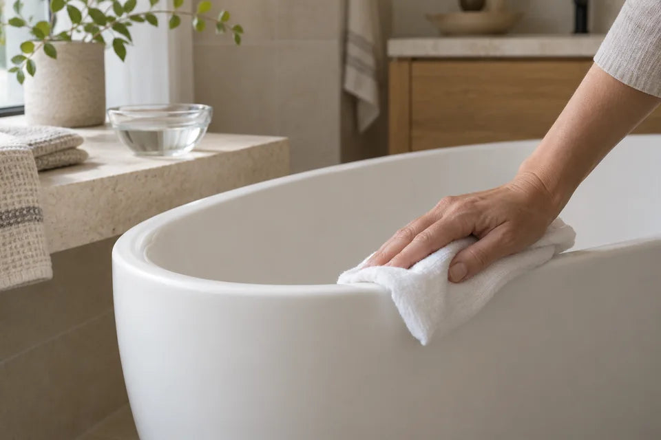 A hand wiping a white bathtub rim with a soft cotton cloth