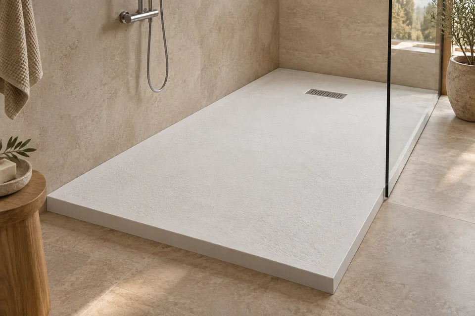 White concrete-textured shower tray with a rectangular drain