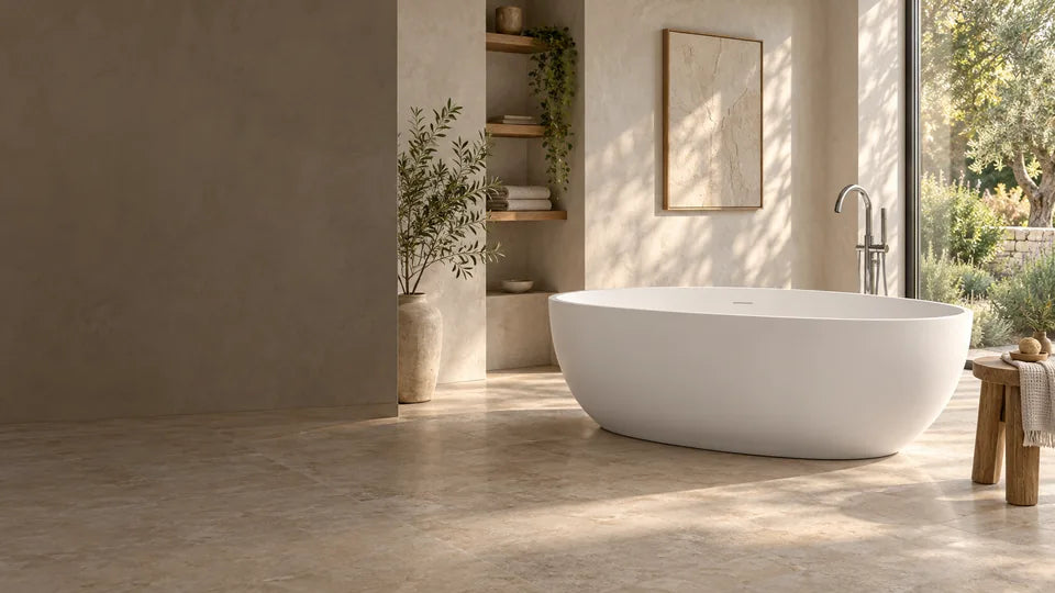 White freestanding bathtub beside a garden window in a warm neutral bathroom
