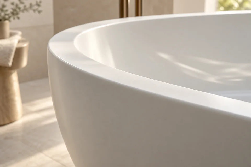 Close detail of a smooth white mineral-composite bathtub rim