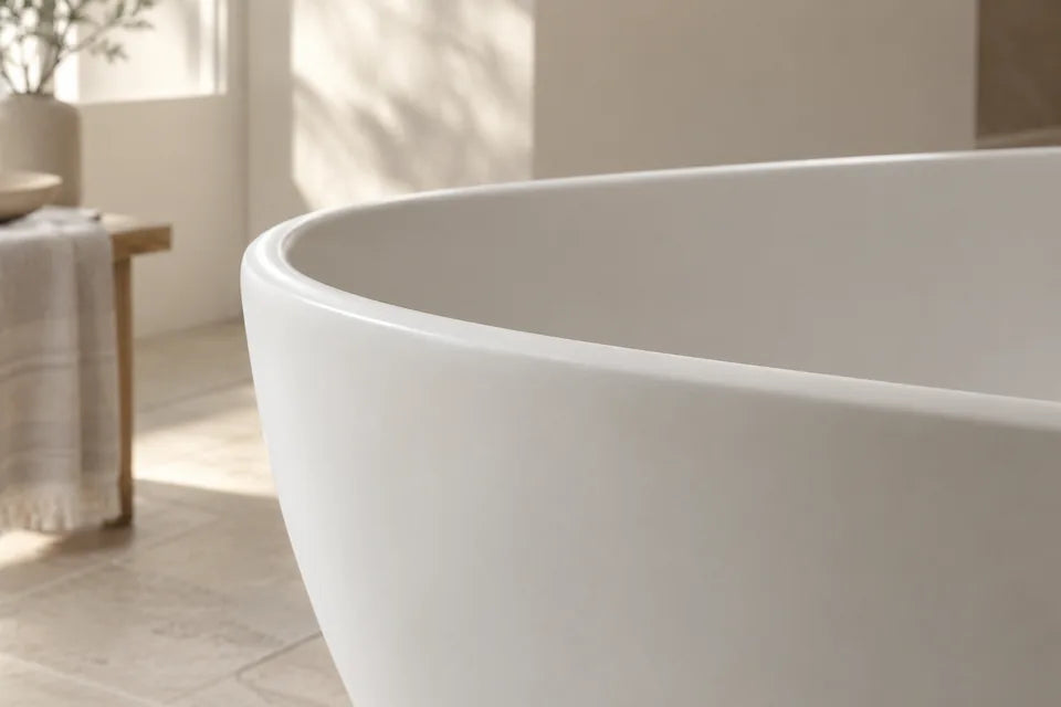 Detail of a smooth white freestanding bathtub rim in natural daylight