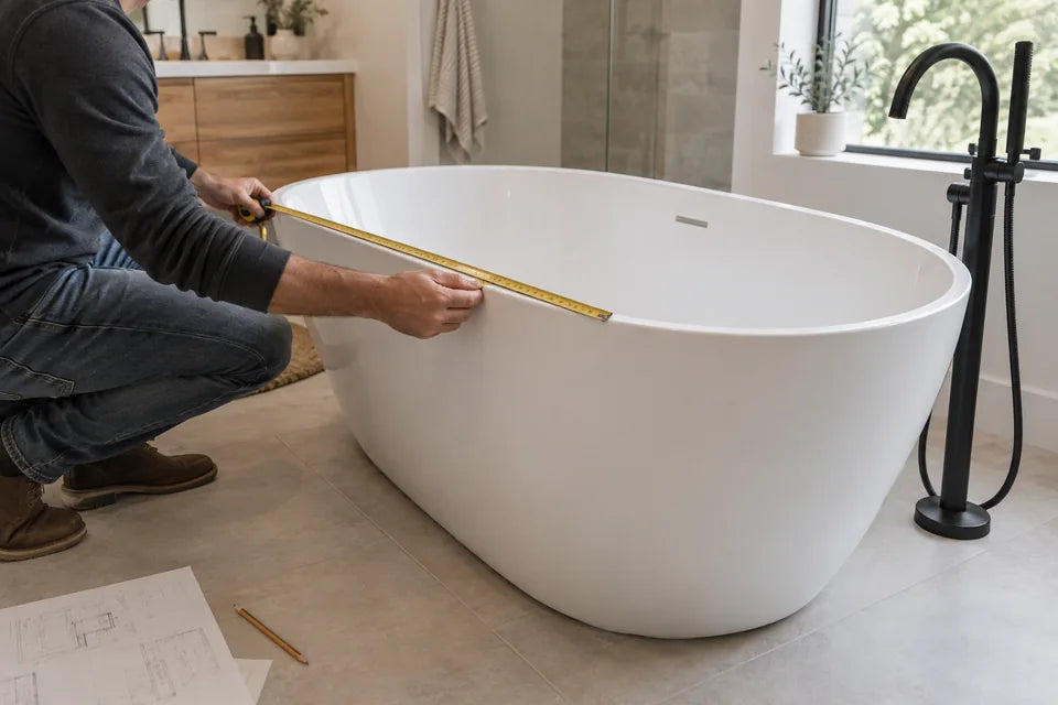 Checking measurements beside a white freestanding bathtub in a warm neutral bathroom