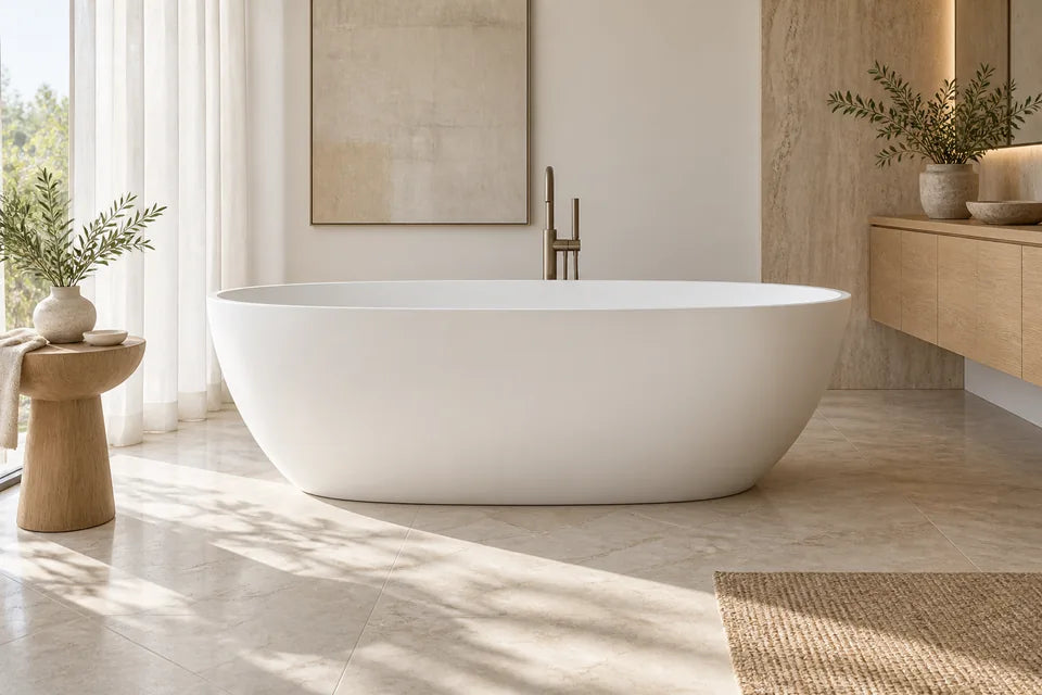 Oval freestanding white bathtub with natural wood accents and soft daylight
