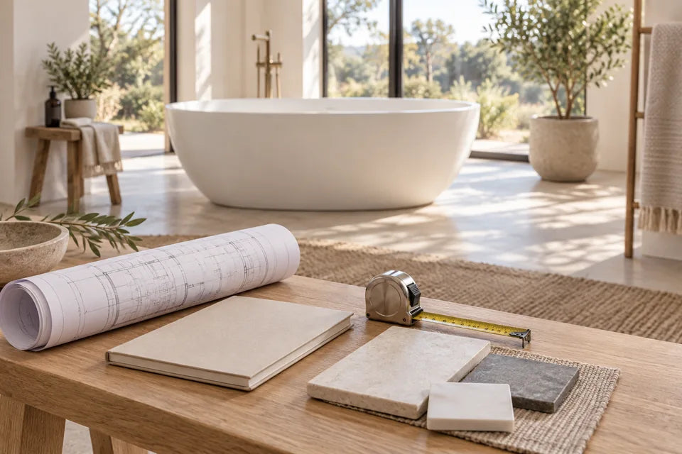 Bathroom plans, a tape measure and finish samples beside a freestanding tub