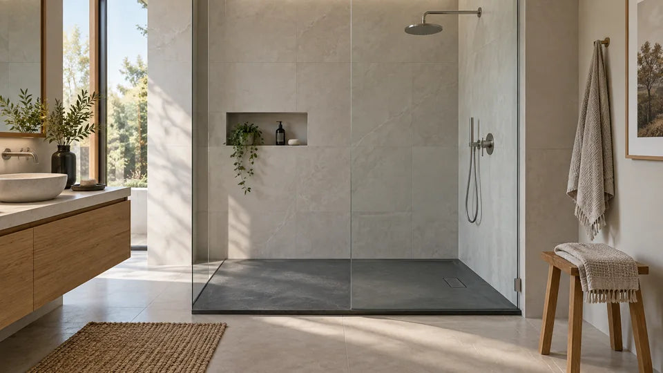 Walk-in shower with a dark textured tray and pale porcelain walls