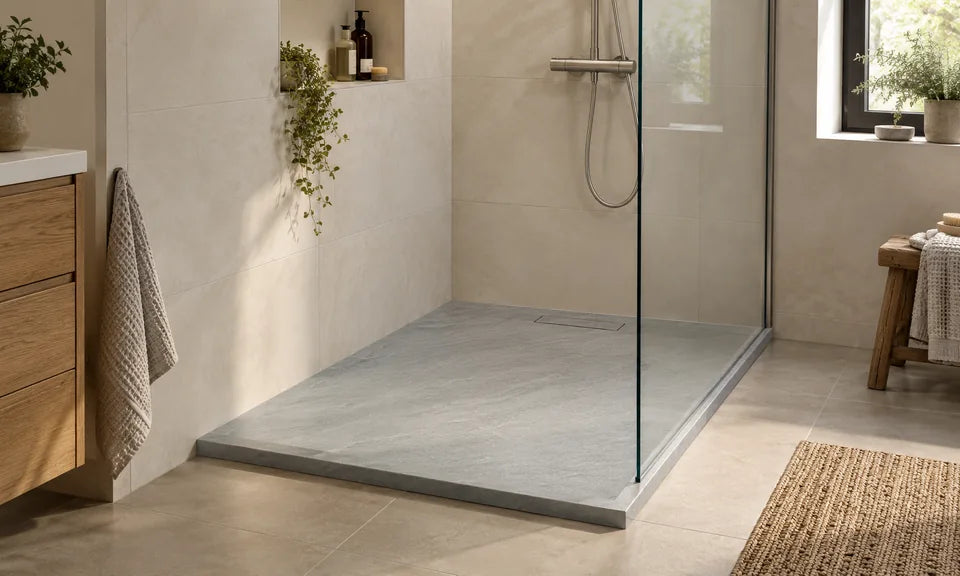 Light-gray slate-textured shower tray with a glass screen in a naturally lit bathroom