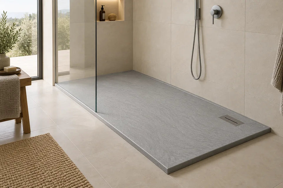 Light-gray slate-textured shower tray in a glass shower enclosure