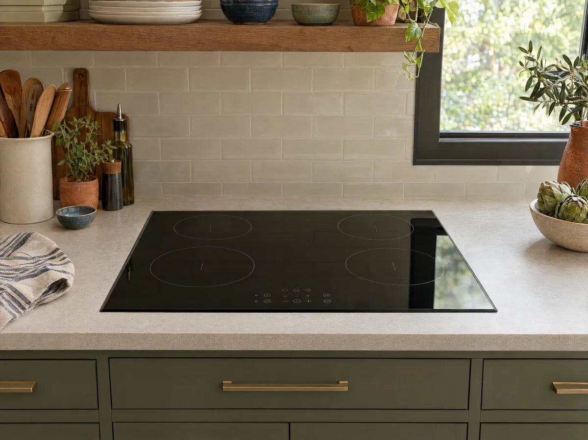 Black glass electric induction-style cooktop inset flush into pale countertop, four understated cooking zones and no oven below in frame, modern kitchen detail.